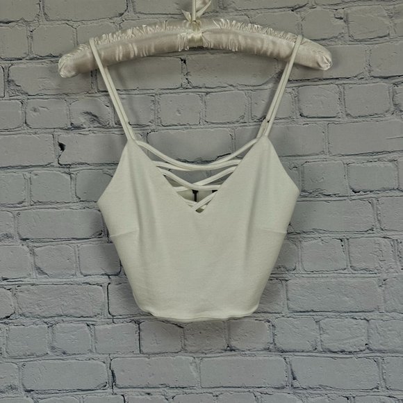 Forever 21 Women's V-Neck Lattice Front Rear Zip Crop Top, Size Small, White - Picture 1 of 5